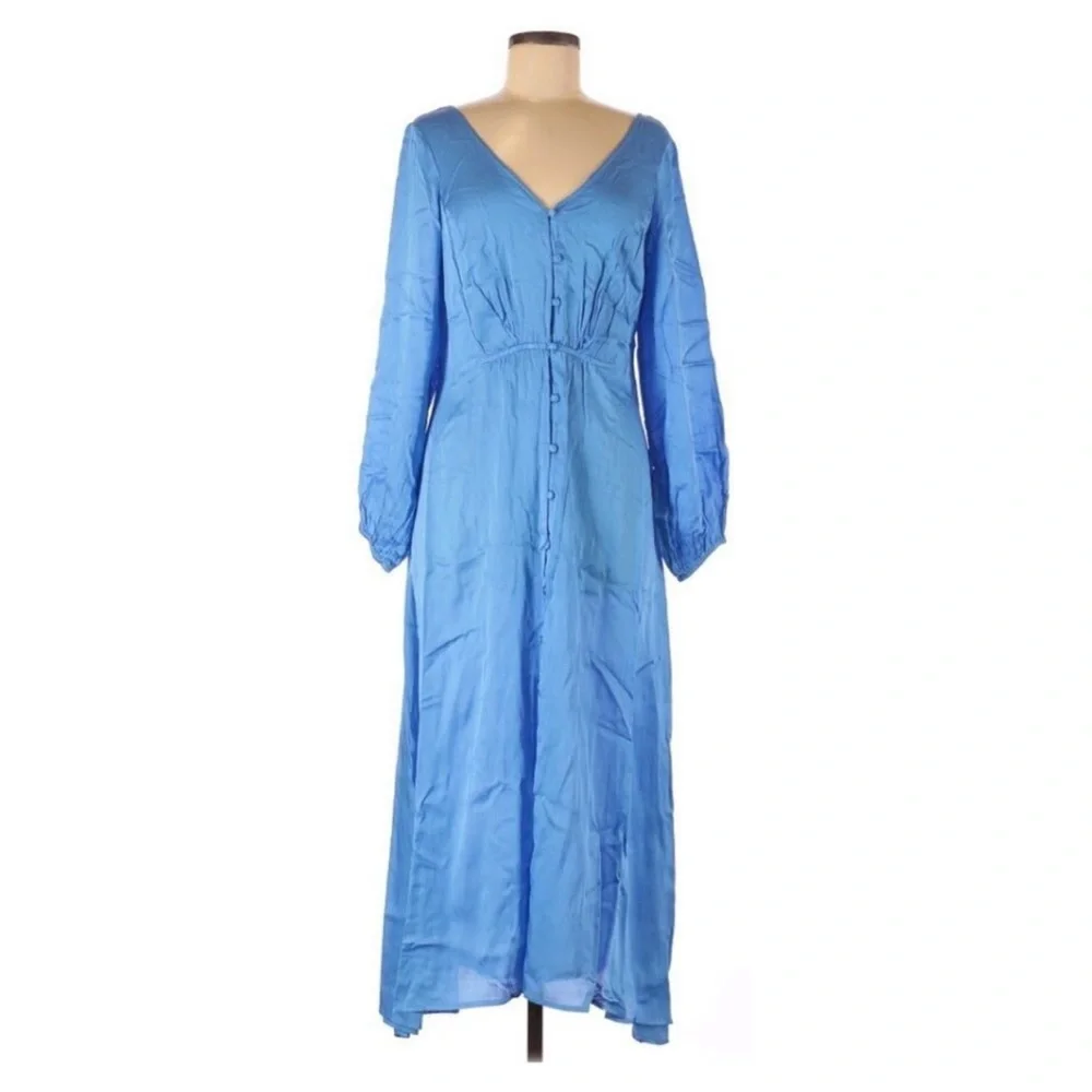 FREE PEOPLE Later Days Blue Button Front Long Sleeve Midi Dress Size‎ 0 New - Picture 5 of 13